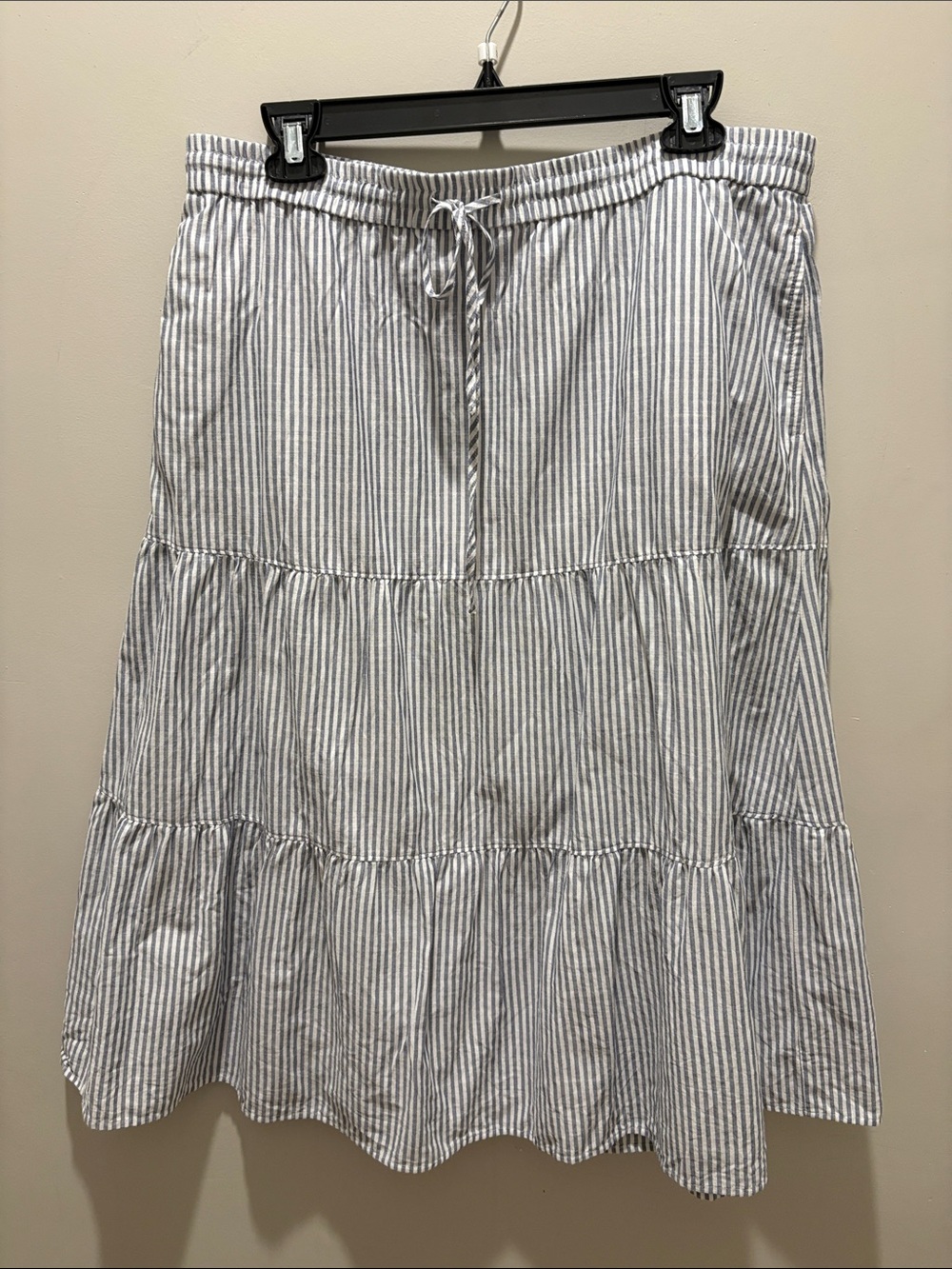 Talbots Women’s Striped Drawstring Tiered Midi Skirt - White & Blue